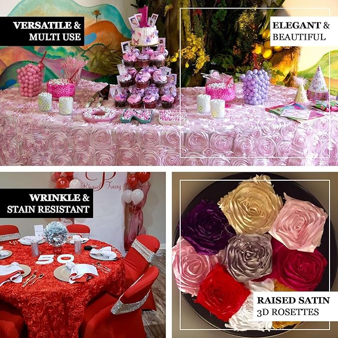 Efavormart 132" Wholesale Round Table Cover Ivory Grandiose Rosette 3D Satin Tablecloth for Wedding Party Event Decoration