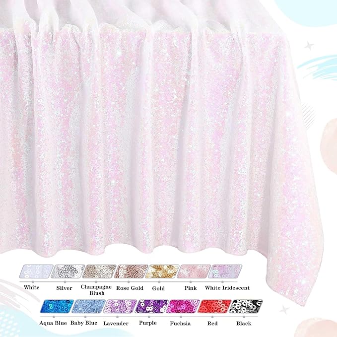 QueenDream Sparkly Sequin Tablecloth - White Iridescent Table Cloth 50x80 Inches Rectangle Table Overlay Fabric for Birthday Parties Baby Shower Decoration