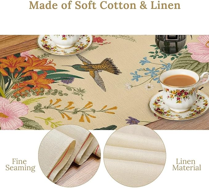 Brown Bird Floral Table Runner Spring Flower Kitchen Table Decoration Suitable for Family Dinner Decoration 13x90 Inch