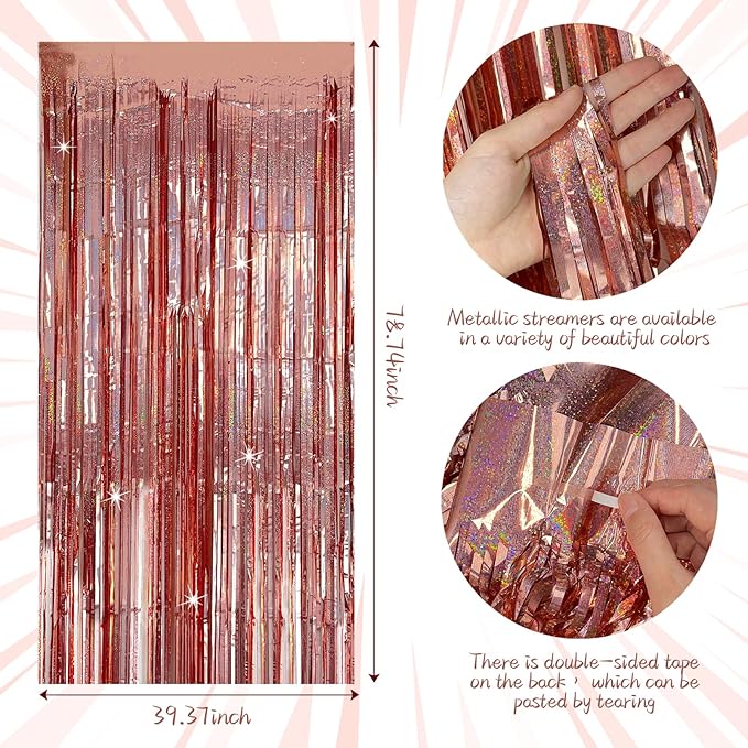Tinsel Curtain Party Backdrop Rose Gold Birthday Decorations 5 Packs Glitter Foil Fringe Curtain Party Decor Streamers Photo Booth for Birthday Christmas Wedding Halloween Graduation Decorations
