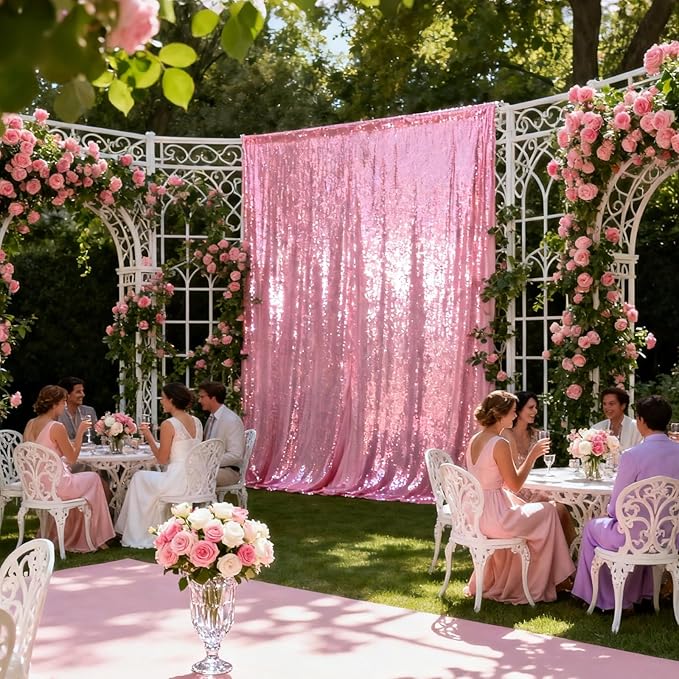 VOK Pink Sequin Backdrop Curtains 4 Panels 2FTx8FT Glitter Photography Background for Wedding Birthday Christmas Party Decorations