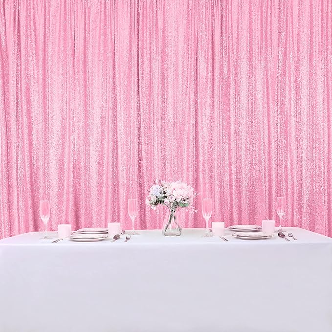 Hahuho Pink Sequin Backdrop Curtain, 4PCS 2FTx8FT Glitter Backdrop Curtain for Parties, Christmas, Wedding, Banquet Decoration（4 Panels, 2FT x 8FT, Pink）