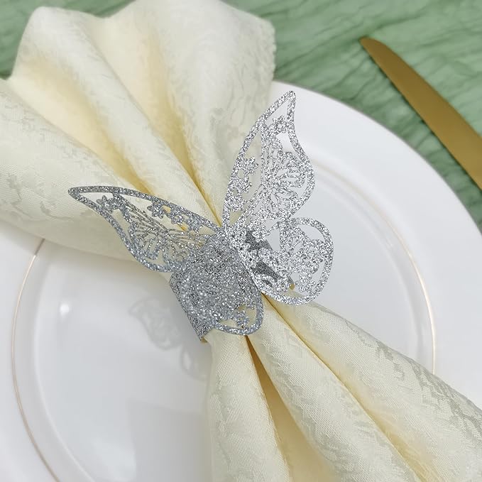 Butterfly Bright Silver Paper Napkin Rings Set of 100 pcs，3D Laser Cutout Paper Napkins Holder,Disposable Serviette Rings for Tables,Decorations,Wedding,Dinner,Party Decor
