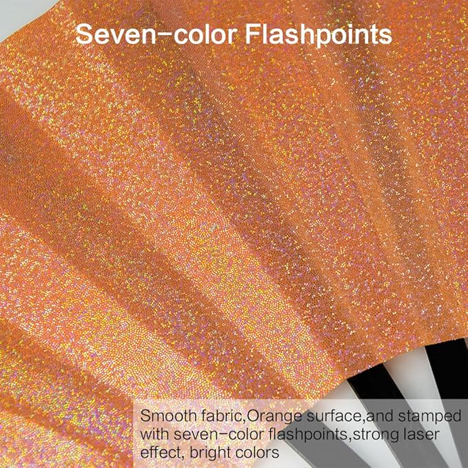 Large Rave Fan, Clack Folding Hand Fan with Premium Fabric, Thick Bamboo Frame for Men Women Gift for EDM, Festival, Club, Party, Dance, Decoration (Lridescent Orange, 13")