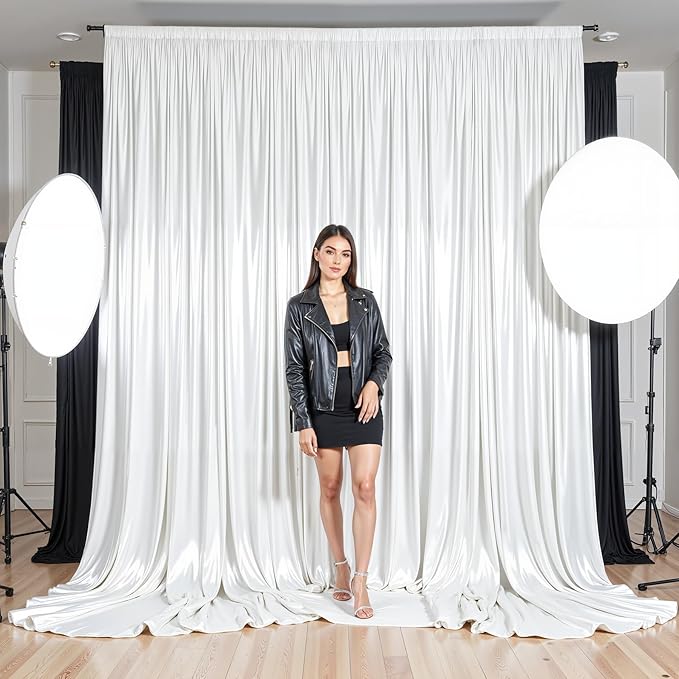 White Satin Backdrop Curtains 2 Panels - Glitter Photo Drapes for Baby Shower, 10x10FT Shimmer Back Drop Cloth, Wrinkle Free for Birthday Party Prom Wedding Stage Background