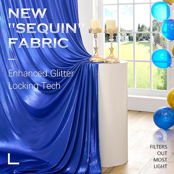 PartyVillage 10x10FT Sapphire Blue Sequin Backdrop Curtain -2 Panels 5x10FT Wrinkle Free Shimmer Back Drop Cloth, Glitter Backdrop Drapes for Photography, Birthday, Wedding Background