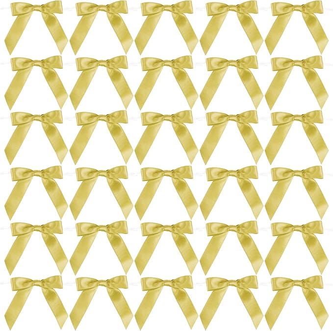 AIMUDI Small Gold Bows for Christmas Tree 2.5" Pretied Gold Bows for Gift Wrapping Premade Satin Ribbon Twist Tie Bows for Crafts Mini Bows for Treat Bags Cake Pop Bows Baby Shower Decor - 50 Counts