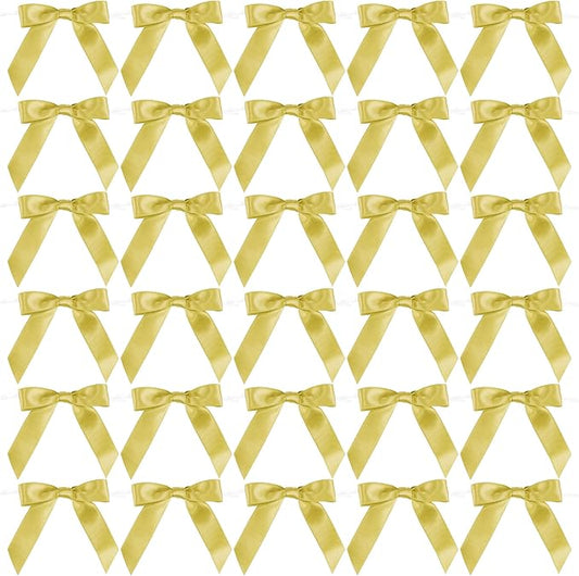 AIMUDI Small Gold Bows for Christmas Tree 2.5" Pretied Gold Bows for Gift Wrapping Premade Satin Ribbon Twist Tie Bows for Crafts Mini Bows for Treat Bags Cake Pop Bows Baby Shower Decor - 50 Counts