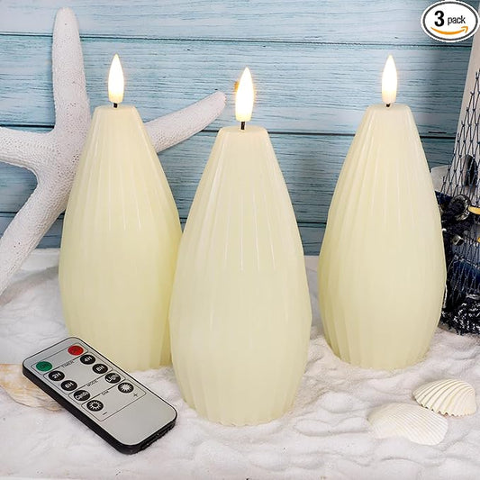 Silverstro Irregular Flameless Candles with Remote Control & Timer Function, Real Wax Flicker Battery Operated Candles for Home Party Wedding Nautical Christmas Ocean Decor - Set of 3(Ivory)