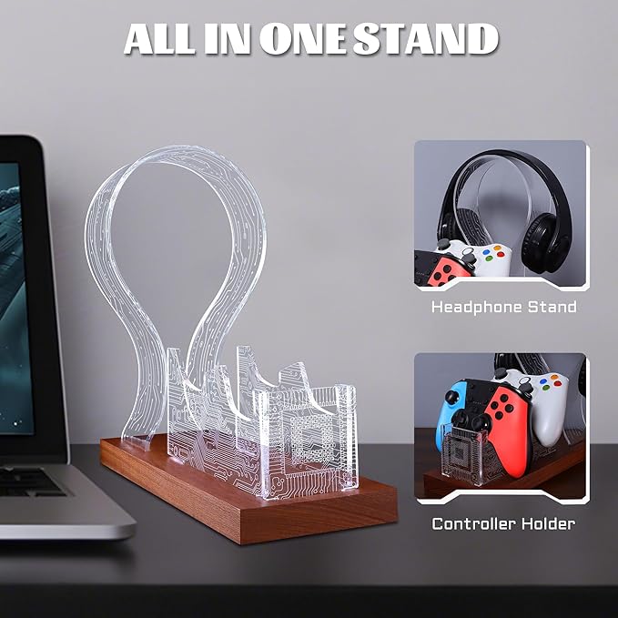YuanDian Gamer Gifts for Teenage Boy, Desk Gaming Headset and Controller Stand with Blue Pink LED Night Light, Acrylic Wooden Controller Holder with PCB Pattern, Desk Decor Gift