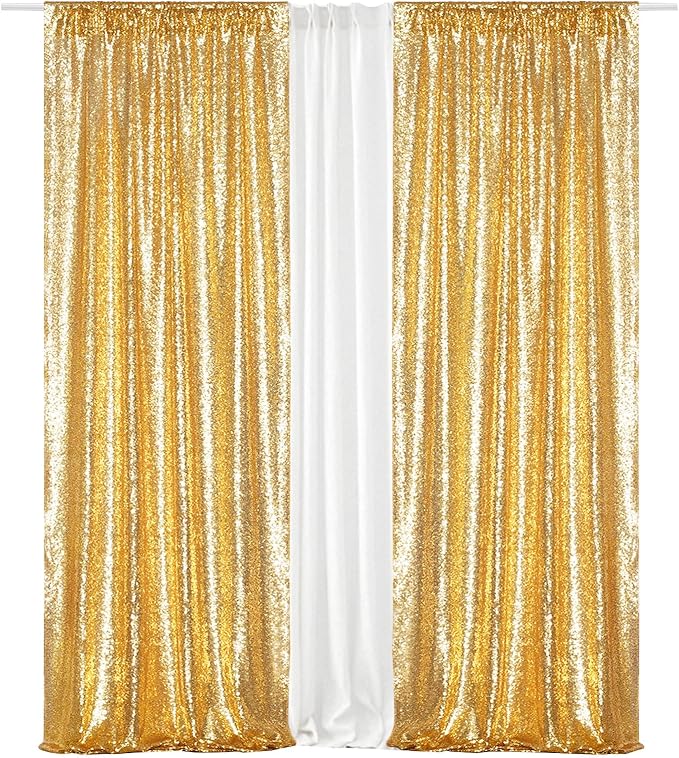Eternal Beauty Gold Sequin Backdrop Curtains, Shimmer Back Drop 4Panels-2FTx8FT for Christmas, Party, Birthday, Photography, Wedding, Baby Shower Event Decoration
