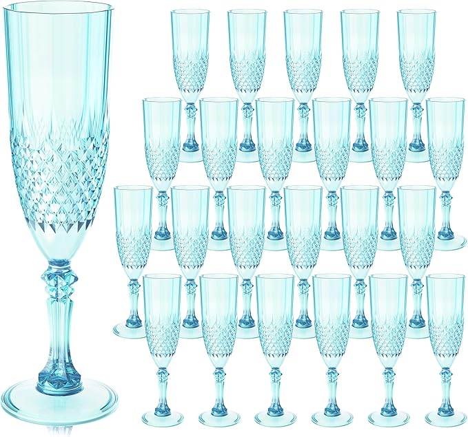 Plastic Champagne Flutes, 24PCS Light Cyan Wine Glasses Goblets Cups Reusable Flute, for Weddings Bachelor Parties Toasting and Events(24, Light Cyan)