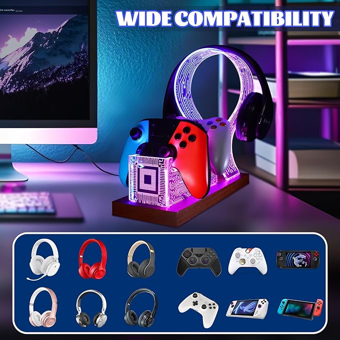 YuanDian Gamer Gifts for Teenage Boy, Desk Gaming Headset and Controller Stand with Blue Pink LED Night Light, Acrylic Wooden Controller Holder with PCB Pattern, Desk Decor Gift