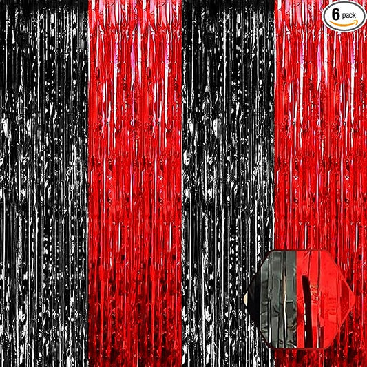 6 Pack Black Red Foil Fringe Curtain Backdrop, 3.28Ft x 8.2Ft Metallic Tinsel Foil Fringe Streamer Curtains for Photo Booth, Birthday, Wedding, New Year Party Decorations