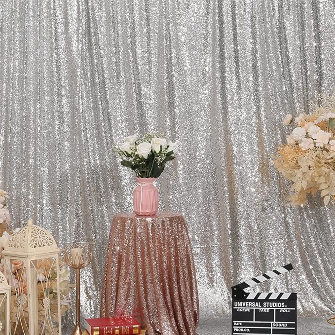 SquarePie Sequin Backdrop 10FT x 10FT Silver Curtain Background Wedding Party Decoration