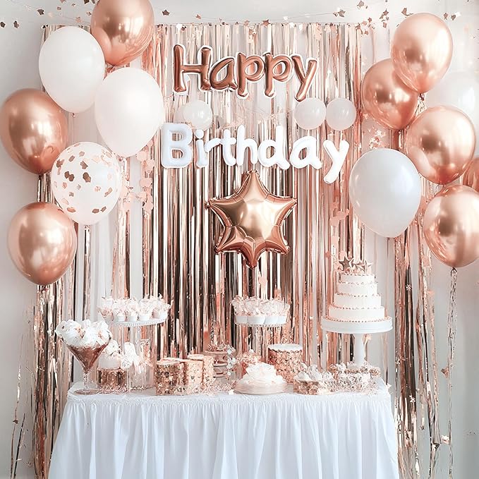 PartyWoo Rose Gold Curtains Backdrop Streamers 3pcs 8.2ft Rose Gold Foil Fringe Tinsel Backdrop Curtain for 21st Birthday Baby Shower Bridal Shower Wedding Engagement Groovy Pajama Party Decorations