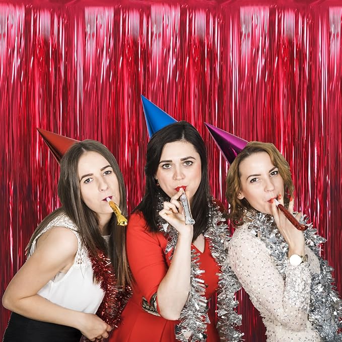 GOER 3.2 ft x 9.8 ft Metallic Tinsel Foil Fringe Curtains Party Photo Backdrop Party Streamers for Birthday,Graduation,New Year Eve Decorations Wedding Decor (5 Pcs,Burgundy)