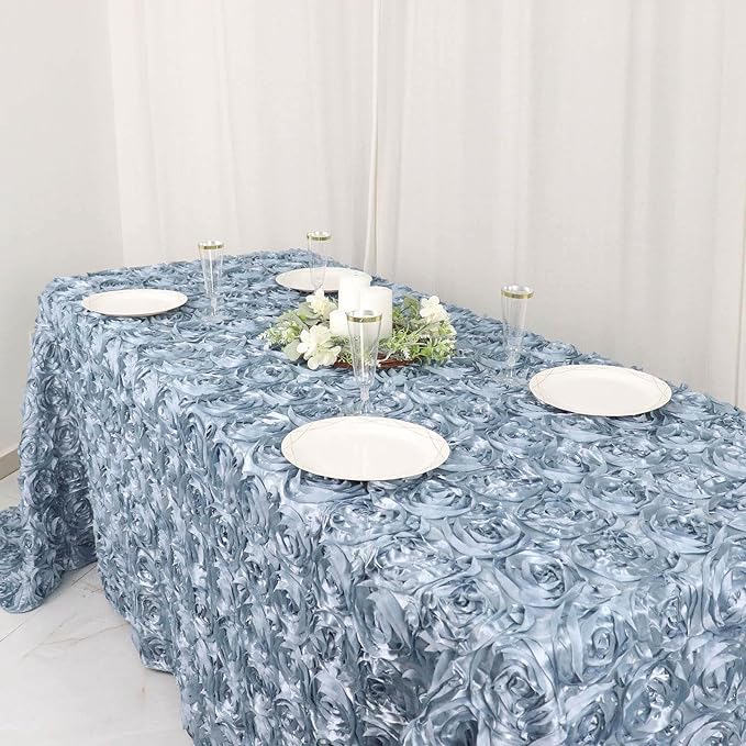 Efavormart 90"X132" Dusty Blue Grandiose 3D Rosette Satin Rectangle Tablecloth for Wedding Party Event