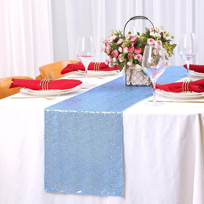 Glitter Sequin Table Runners 10 Pieces 12x108 Inchs Baby Blue Elegant Wedding Sparkly Table Runner Birthday Bachelorette Celebration Decorations Supplies