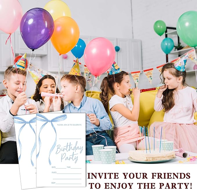 SIXEIGHT Blue Bow Birthday Invitations Blue Ribbon Bow Birthday Party Invitations 20 Party Invitations with Envelopes for Girls Boys Birthday Party Favor & Decoration (4"x6")-A07