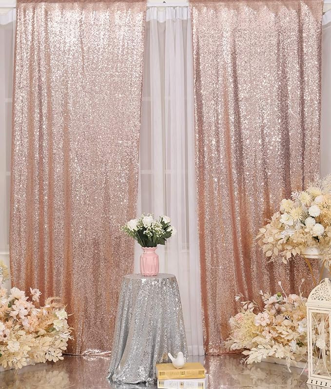 Poise3EHome Rose Gold Sequin Backdrop Curtain, 2 PCS 5FT x 10FT Sequin Backdrop Panels,Sequence Wedding Party Background Drapes