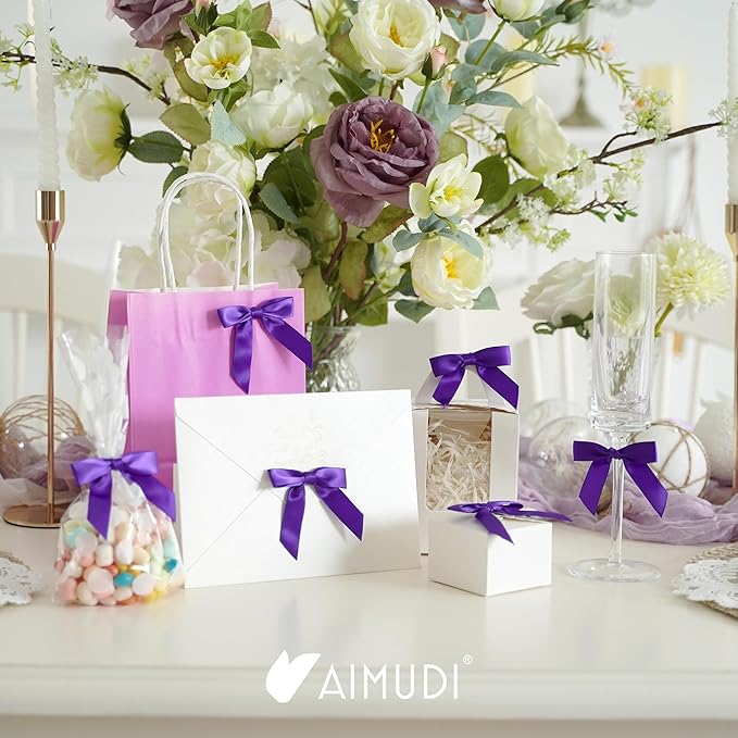 AIMUDI Small Purple Bows for Christmas Tree 2.5" Pre Tied Satin Ribbon Twist Tie Bows for Treat Bags Premade Mini Bows for Crafts Ribbon Bows for Gift Wrapping Halloween Party Favors - 50 Counts