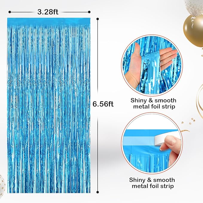 2 Pack Light Blue Metallic Tinsel Foil Fringe Curtains, Door Streamers Photo Booth Backdrop for Birthday Party, Tinsel Curtain Backdrop for Baby Shower Bachelorette Christmas Party Decorations