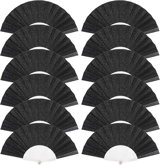 12 Pack Handheld Fan,Folding Hand Glitter fan with Shining Transparent Fan Rib – Ideal for Wedding, Church, Festival, Dance, Tea Party, Club, and EDM Accessories, Black