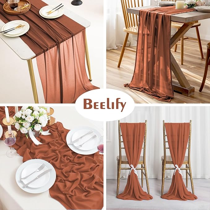 6 Pack 10 Ft Chiffon Table Runner Rust Gauze Long Table Runners 27x120 Inches Sheer Tulle Table Runner for Rustic Wedding Reception Bridal Shower Decorations Birthday Party