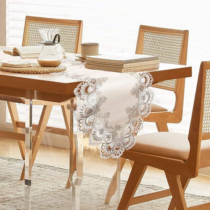 Vintage Lace Dining Table Runner, Small Macrame Coffee Table Runners 48 inches Long for Kitchen Home Christmas Party Decorations (16x48 inch, Off White)