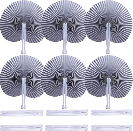 12 Packs Decorative Paper Folding Hand Fans Handheld,Silver Round Foldable Wedding Fans Chinese and Japanese Fans Bulk for Bridal Guest Church Party Favors Dancing Birthday DIY