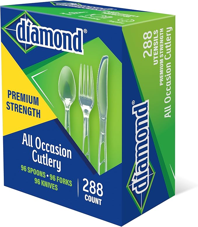 Diamond® All Occasion Clear Disposable Cutlery Set 288 Count – 96 Forks, 96 Spoons, 96 Knives, Premium Polystyrene, Crystal Clear, Party & Everyday Use