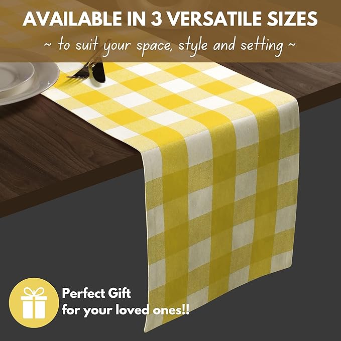 Native Fab Table Runner Buffalo Check Plaid 100% Cotton - 13x108 Inches Kitchen Dining Table Decoration for Indoor Outdoor Farmhouse Home Party Decor -Lemon Yellow and White