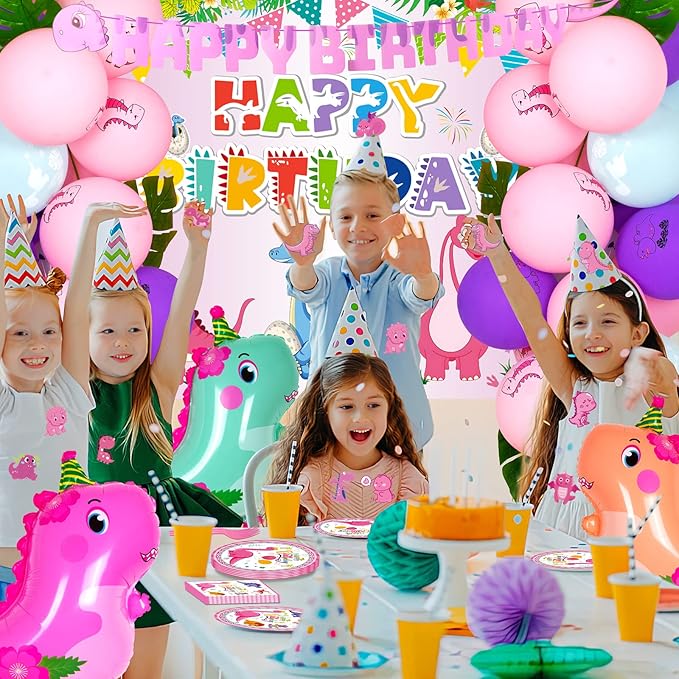 194 PCS Pink Dinosaur Party Decorations for Girls, Dinosaur Birthday Party Supplies Includes Dino Balloons, Backdrop, Happy Birthday Banner, Tablecloth, Plates, Napkins, Cake Toppers