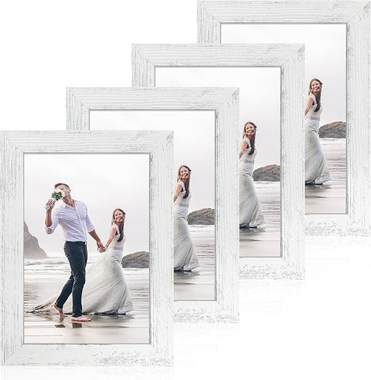6x9 Picture Frame Set of 4, High Definition Glass Distressed White Frame, 6 x 9 Wood Photo Frames for Horizontal or Vertical Tabletop Display and Wall Mounting