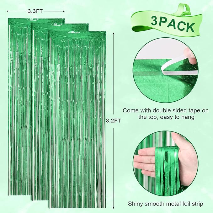 3 Pack 3.3 x 8.2 ft Laser Green Foil Fringe Backdrop Curtains, Tinsel Streamers Birthday Party Decorations, Fringe Backdrop for Graduation, Baby Shower, Gender Reveal, Disco Party