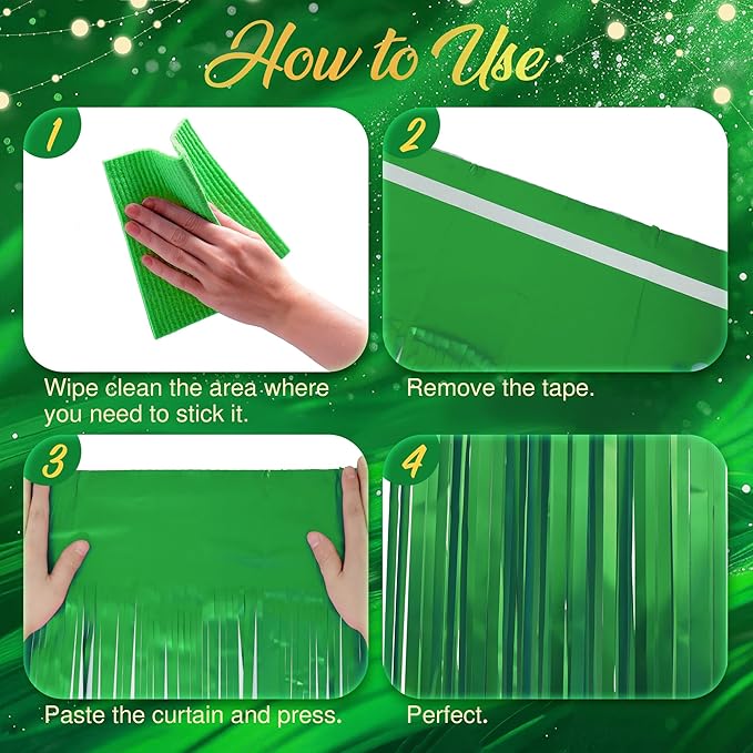 2 Pack Metallic Green Fringe Backdrop, 3.2x8.2ft Shining Foil Tinsel Curtains, Birthday Party Decorations Door Streamers for Halloween, Christmas, Wedding, Graduation, Holiday, Theme Events