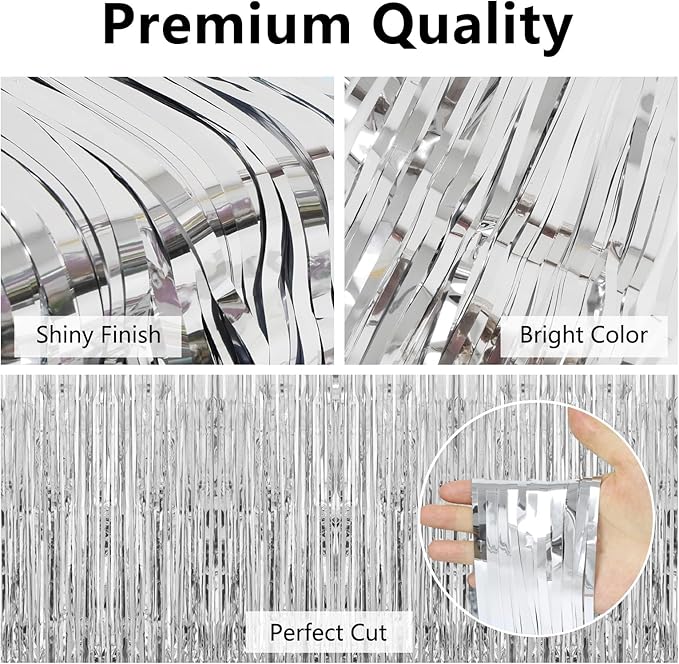 Christmas Decorations Silver Streamers Thicken 4 Pack 3.2 x 8.2 FT, Silver Tinsel Foil Fringe Backdrop Curtains, Photo Booth Props for Birthday, Bachelorette, Prom, Engagement, Disco Party Decorations