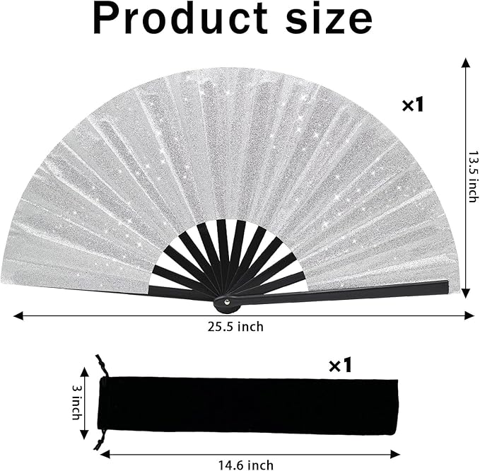 Glitter bling Large Folding Fan-Hand Fan Rave Clack Popping Fan for Line Dancing Clacking Fans for Boots On The Ground Dance, Party for EDM, Music Festival, Hot Flashes, Party, Decoration(1pcs silver)