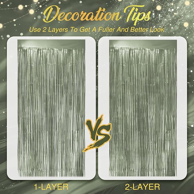 2 Pack Metallic Lime Green Fringe Backdrop, 3.2x8.2ft Shining Foil Tinsel Curtains, Birthday Party Decorations Door Streamers for Halloween, Christmas, Wedding, Graduation, Holiday, Theme Events