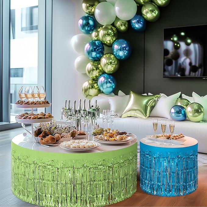 2 Pack Lake Blue Lime Green Table Skirts, 29x108" Metallic Foil Tinsel Fringe Table Skirt for Rectangle Tables Streamer Curtains Backdrop, Party Decorations for Birthdays, Weddings, Holidays