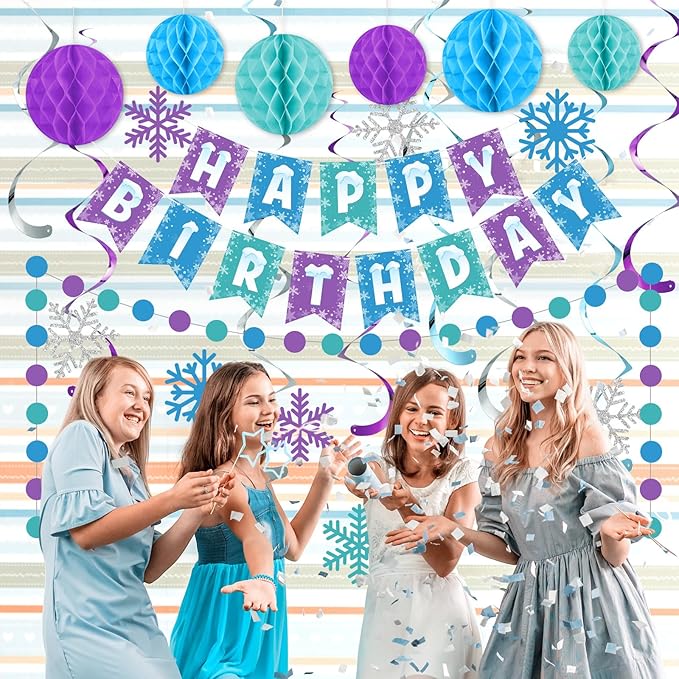 Funrous Snowflake Birthday Decorations Happy Birthday Banner Snowflake Hanging Swirls Honeycomb Balls Circle Dots Garland for Winter Princess Party Supplies