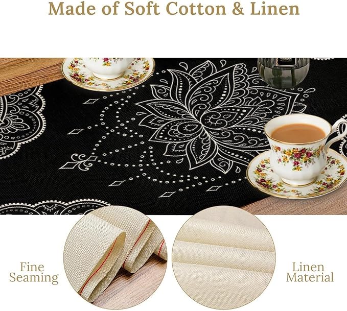 Lotus Flower Table Runner, Bohemian Ethnic Oriental Mandala Black White Floral Print Table Runner for Home Kitchen Dining Indoor Outdoor Dinner Party Decor, 13x108inch