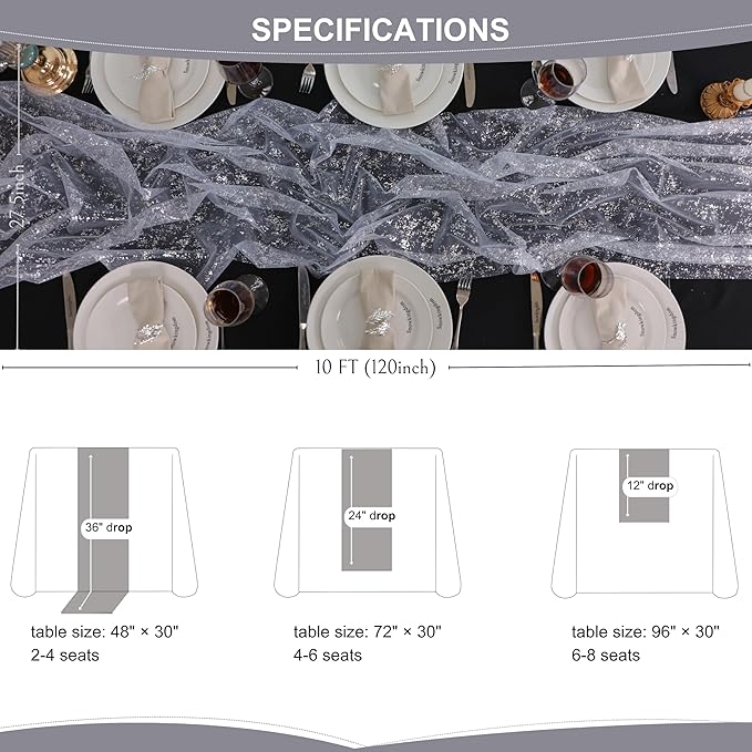 Snowkingdom 3 Pcs 10 FT Silver Cheesecloth Table Runner, 120 Inch Sheer Chiffon Gauze Runner, Sequin Glitter Silver Table Decoration Centerpieces for Wedding Birthday Christmas Bridal Baby Shower