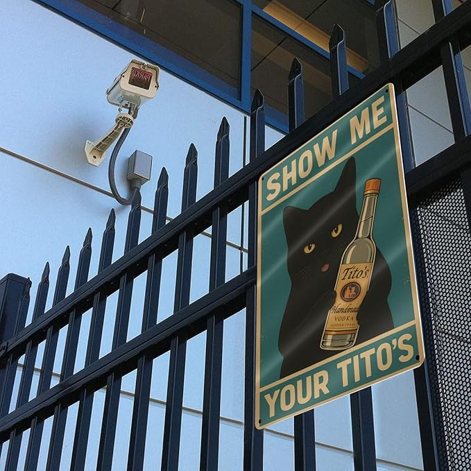 Funny Black Cat Bar Sign – “Show Me Your Tito's” Vintage Metal Wall Decor for Man Cave, Pub, or Home Bar – 12" x 8" Tin Poster
