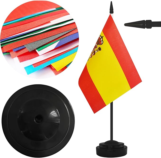 12 Pack Spain Desk Flags, Spanish Desktop Flag, Small Miniature Office Flags with 12" Black Pole and Black Base, Offices, Classroom, Home, Festival Decoration (Spain)