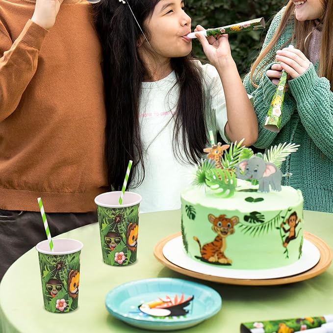 7.75'' x 0.24'' Disposable Party & Daily Paper Drinking Straws Green White Striped 100 Counts - Biodegradable & Compostable