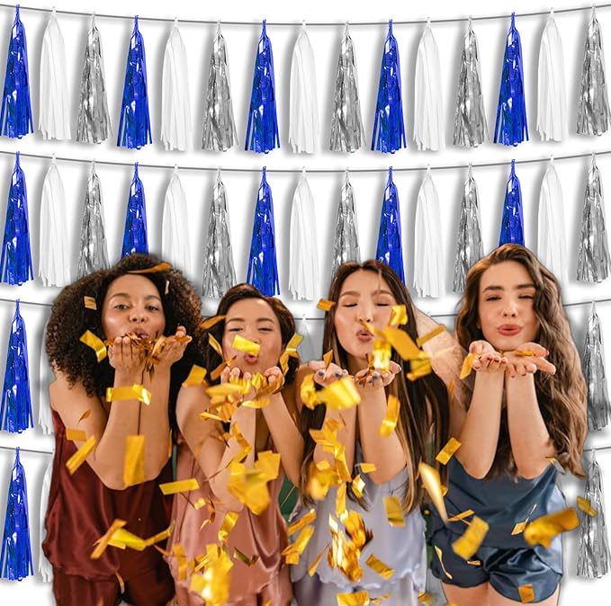 4P Navy Blue White Silver Foil Fringe Tassel Banner Garland Metallic Tinsel Streamers Wall Hanging Curtain Backdrop Banner for Parade Floats, 2024 Graduation Decorations, Retirement Party Decorations