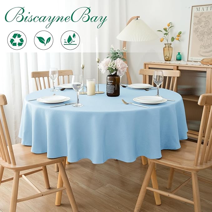 Biscaynebay Textured Fabric Round Tablecloths 70", Light Blue Water Resistant Table Cloth Circle Folding Table Covers for Dining, Kitchen, Wedding, Parties etc. Machine Washable