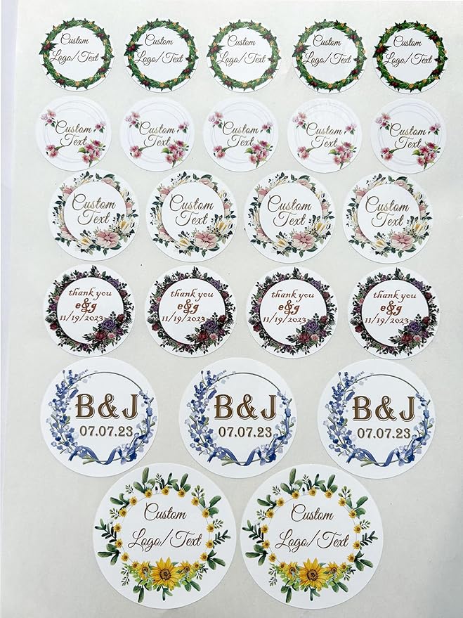 Custom Stickers for Weddings, Birthdays & Businesses - Personalized Labels with Your Logo - Waterproof, Fade and Heat Resistant - Pack of 100-1000 (Wreath G, 4 Inch)